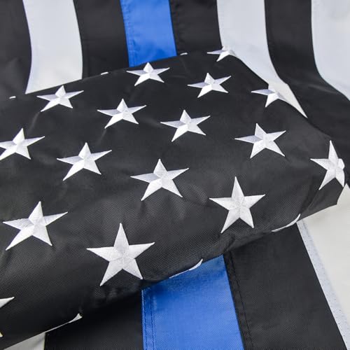 Blue Line Flag-3x5 FT Thin Blue Line Flag with Embroidered Stars Sewn Stripes Brass Grommets UV Protection Black White and Blue American Police Flag