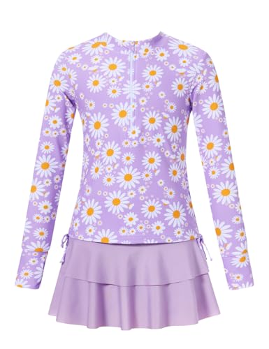 Image of Vogseek 3-12T Girls Rash Guard 2 Pieces Bathing Suit Long Sleeve Swimsuit Swimming Skirt with Shorts Swimwear