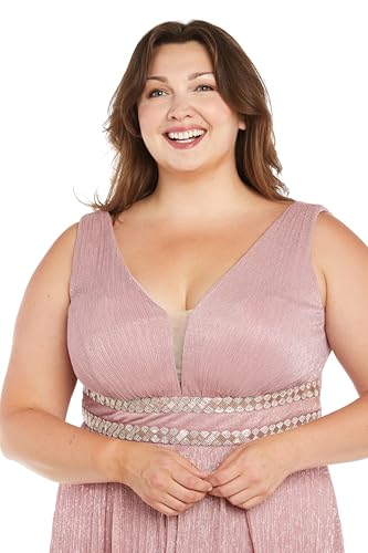 Image of R&M Richards Women's Pleated Maxi Dress W /Illusion V-Neck, Embellished Waistband & Front Slit - Party & Cocktail Gown