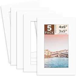 Mat Board Center 5 Pack Acid-Free 4x6 Photo Mat For 3x5 Matte White | Pre-Cut 2.5x4.5 Opening, White Core Bevel Cut 4-Ply Thick Great For Photo Print and Art Display