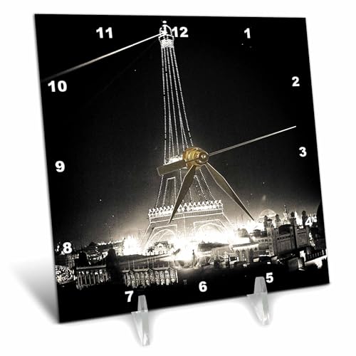 3dRose 6x6 Desk Clock - Eiffel Tower Illuminated Paris Exposition 1900 Black and White Vintage Glass Slides