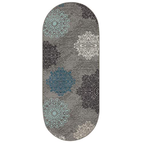 Antep Rugs Alfombras Modern Floral 2X5 Non-Skid (Non-Slip) Low Profile Pile Rubber Backing Kitchen Area Rugs (Gray, 2' X 5' Oval) #TOP1