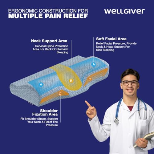 Image of WELLGIVER Cervical Memory Foam Pillow for Neck Pain | 2 Year Warranty | 19 x 11 x 4 Inch Standard | Orthopedic Pillow Spondylitis Neck & Shoulder Pain | Washable Jacquard Blue Cover | Pack of 1