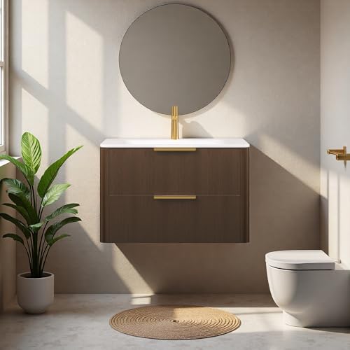 Image of 30 inch Wall-Mounted Bathroom Vanity Cabinet with Sink, Walnut