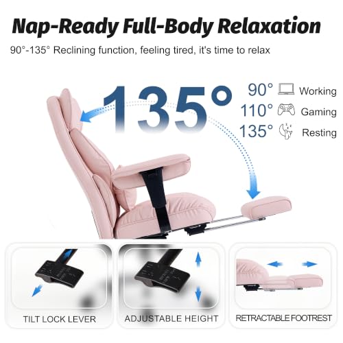 Image of Efomao Executive Office Chair 400lbs,Pink Big and Tall Desk Chair | Mattress-grade pocket spring cushion, sleek leather, 135 recline & footrest for computer gaming setup.