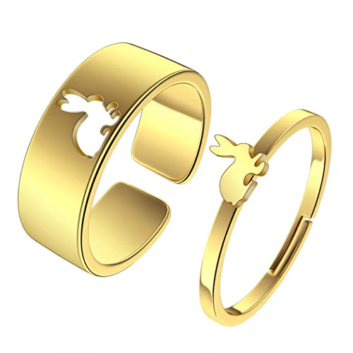 Chereda 2PCS Matching Cute Animals Promise Engagement Rings for Couples Men Women Jewelry Band Sets 316L Stainless Steel Adjustable Open Ring (Rabbit-g, Adjustable)