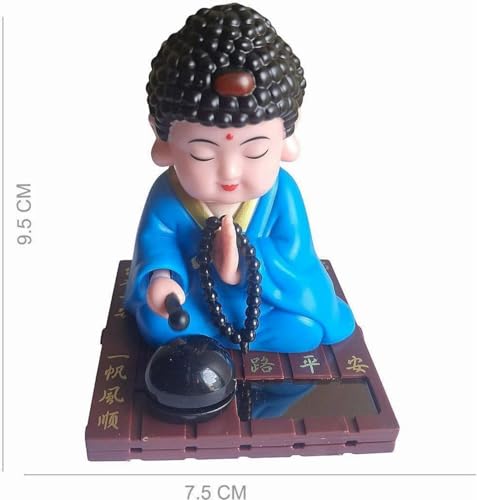 Image of Solar Powered Buddha Bobblehead Decorative Showpiece 9.5 cm | Dancing Buddha Dashboard Toy for Car Office Desk Home Decor | Automatic Solar Energy Moving Figurine (Blue)