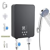 Calentador de agua eléctrico, 5500 W, mini calentador de agua instantáneo, kit de ducha con ducha de mano, indicador de temperatura LED para ducha, baño, cocina
