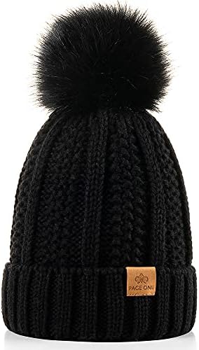 PAGE ONE Womens Winter Thick Cable Knit Beanie Faux Fur Pom Hat Fleece Lined Skull Cap Black