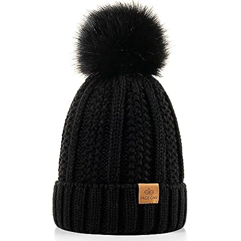 PAGE ONE Womens Winter Thick Cable Knit Beanie Faux Fur Pom Hat Fleece Lined Skull Cap Black Cover