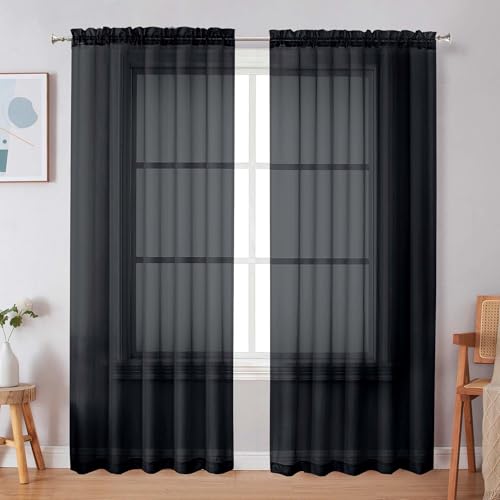Image of Simplebrand Black Sheer Curtains, 72 inch Length, 2 Panels Set - Light Filtering, Rod Pocket Window Curtains for Bedroom (Black, 59 inch W x 72 inch L)