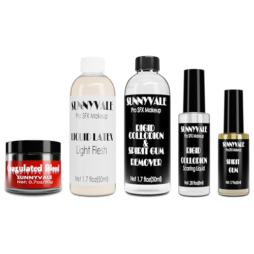 SUNNYVALE Halloween SFX Makeup Kit - Light Fresh Latex Liquid, Coagulated Fake Blood, Spirit Gum Adhesive, Rigid Collodion with Brush, Remover, Stipple for SFX Special Effects, Costume, Stage, Cosplay