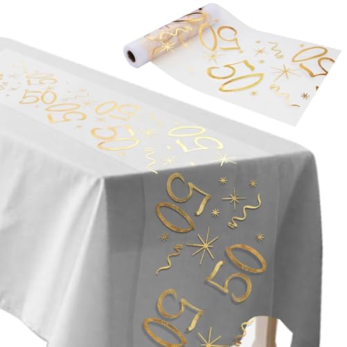 ddckj Tischläufer 50 Geburtstag Deko 28 cm x 10 m Tischdeko Geburtstag Zuschneidbar Tischläufer Gold Männer und Frauen für Geburtstagsparty Jubiläumsfeier