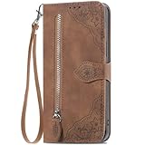 XYX Wallet Case for OnePlus Nord CE5, Diagonal Flower PU Leather 6 Card Slots Flip Leather Zipper Pocket Purse Cover Kickstand Wrist Lanyard, Brown