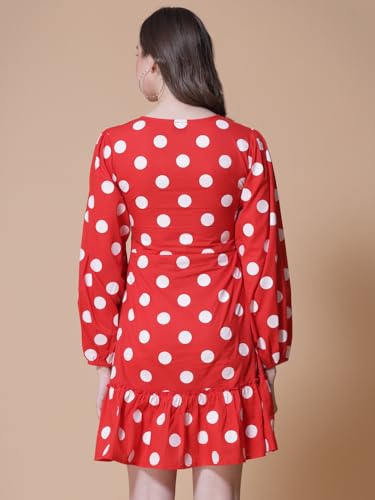 Image of GOD BLESS Red Colored Cotton Polka Dot Printed Short Dress,Short Length,Full Sleeeves,V Neck
