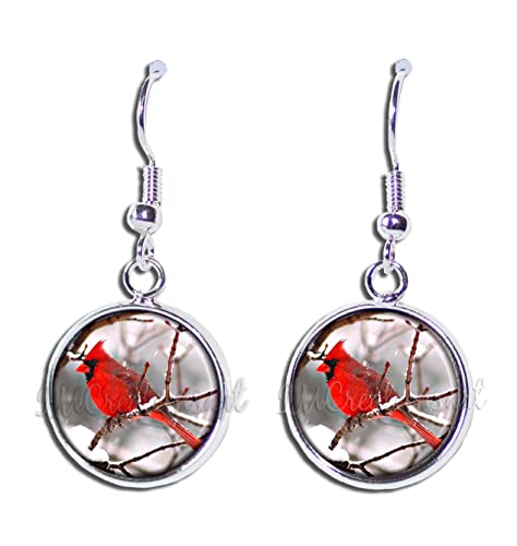 Pretty Red Cardinal Perched Winter Holiday Gifts Handmade Round Resin Dangling Earrings Jewelry 18mm