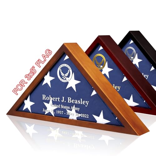 Small Customized Flag Shadow Case for 3' x 5' Flag American Veteran Flag Display Box Wood and Glass Flag Box with Personalized Name for Wall Mount or Standing Display