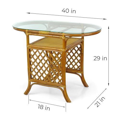 Borneo Compact Dining Set Colonial Color, Table with Glass Top + 2 Chairs with Cream Cushions, Handmade Natural Wicker Rattan Furniture