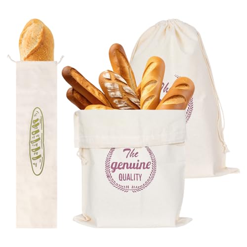3 Pièce Sacs à Pain en Lin,Sac à Pain avec Cordon 30 * 40 cm +16 * 64 cm,Sac à Pain Réutilisable,Sacs de Stockage de Pain,Sac de Rangement pour Pains, Baguettes, Fruits, Légumes