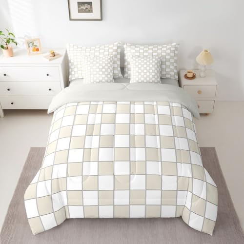 Image of Erosebridal Plaid King Comforter Set with Sheets 7 Piece Beige White Checkerboard Bed in A Bag Geometric Checkered Bedding Sets for Kids Adults,Aesthetic Grids Bed Set
