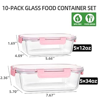 UMEIED 10 PACK Glass Food Storage Containers with Leak Proof Lids, Glass Airtight Meal Prep Containers Set for Lunch, On the Go, Leftover, Kitchen Pantry Organizers and Storage (Pink)