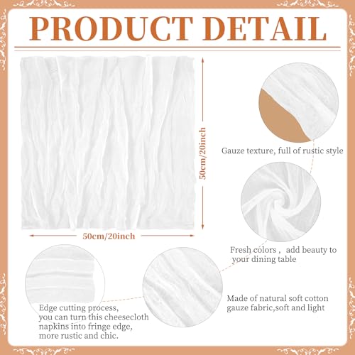 50 Packs Gauze Cheesecloth Napkins,20 x 20 Inch White Rustic Boho Cloth Napkins,Washable Cloth Dinner Napkins,Decorative Table Napkin for Wedding,Dinner,Parties by Pesonlook - Used condition - Image 3