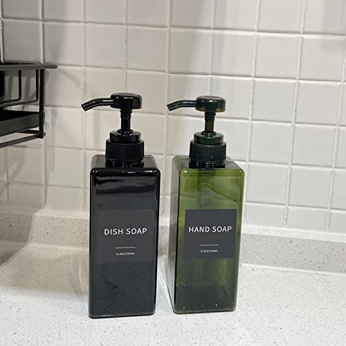 Image of Green Soap Dispenser with Waterproof Labels, 16 oz Dish Soap Dispenser for Kitchen, Thickened Plastic Hand Soap Dispenser for Bathroom, Shampoo and Conditioner Pump Bottles with Silicon Funnel, 2 Pack