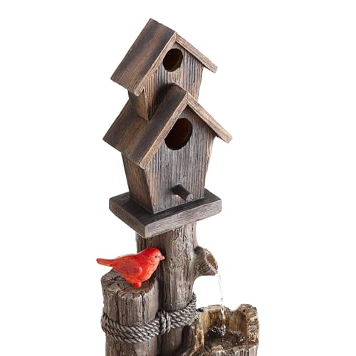 Alpine Corporation 35" Tall Outdoor 3-Tier Birdhouse Water Fountain with Cardinal Accent, Rustic Floor Decor for Garden and Patio, Brown by Alpine Corporation - Image 9