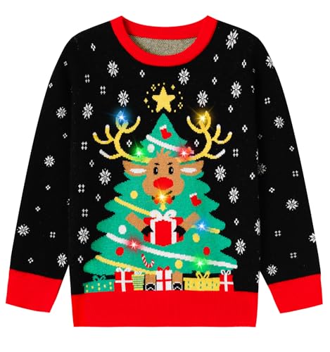 AABESS Girls Boys Ugly Christmas Sweater Kids LED Light Up Christmas Sweaters Reindeer Xmas for School Party Black 9-10Y