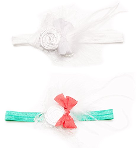 2-pack Designer Vintage Baby Headbands For Baby Girls White for Blessing, Christening Coral and Mint
