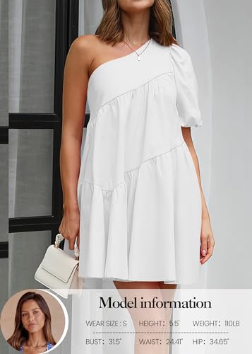 Image of KIRUNDO Summer One Shoulder Mini Baby Doll Dresses Women 2026 Casual Puff Sleeve Loose Tiered A Line Flowy Short Dress