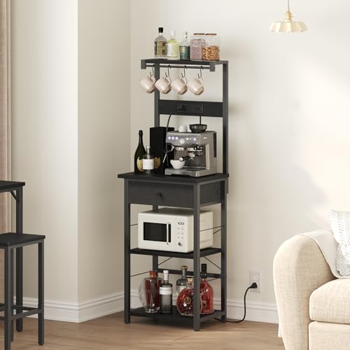 MAHANCRIS Bakers Rack with Drawer, Microwave Stand with Power Outlet, Coffee Bar Station with 4 Hooks, Kitchen Storage Shelf Rack 4 Tiers, for Kitchen, Dining Room, Black BRBK48E01 by MAHANCRIS - Image 9