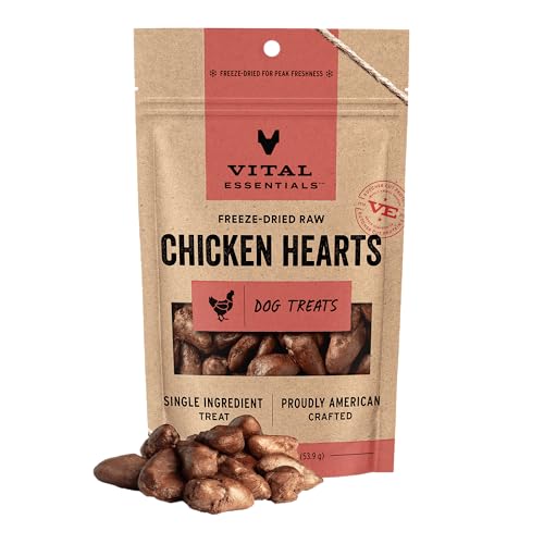 Vital Essentials Chicken Hearts Dog Treats, 1.9 oz | Freeze-Dried Raw | Single Ingredient | Premium Quality High Protein Training Treats | Grain Free, Gluten Free, Filler Free