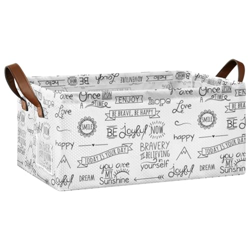 Fygkptb Hand Drawn Inspiration Words Laugh Hope Love Sunshine Believe Joyful 1 PC Rectangle Foldable Frame Basket Leather Handles Storage Bin for Laundry Bathroom Organizer 16.9 x 11.4 x 7.7 inch