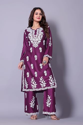 Image of Women's Embroidered Kurta with Palazzo Set, Purple, Floral Chikankari Work, Full Sleeve, Ethnic Wear