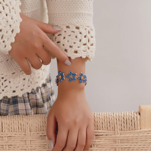 Royal Blue Boho Gold Raffia Flower Bracelets Beach Summer Tropical Jewelry by FANCY SHINY - Used condition - Image 2