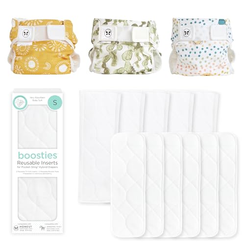 Image of Honest Hybrid Cloth Diaper Cover + Super Boosties Reusable Inserts, Small (8-15 lbs), Cotton Muslin Honest Covers Feature Pocket-Sling, 3 Pack, Boosties Inserts 10 Count