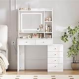 LINSY HOME Schminktisch mit Beleuchtung, Frisiertisch mit Spiegel und Verdeckter LED Lichtleiste, mit Schubladen und Offenen Fächern, 3 Farben mit Einstellbarer Helligkeit, Weiß, 80x40x145cm