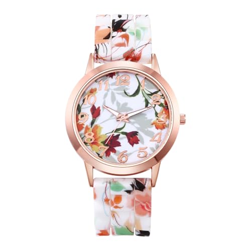 Image of Avaner Women's Silicone Wrist Watches: Easy Reader Floral Rose Gold-Tone Analog Quartz Multicolored Elegant Watches