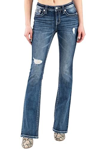 Miss Me Women's Mid Rise Brown Stitched Classic Tease Boot Cut Jeans (Dark Blue, 29) #TOP1