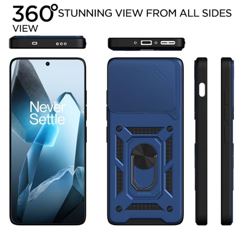 Image of Pikkme Back Cover for OnePlus 13 5G | 360 Protection Case | Sliding Camera Shield Cover & Ring Holder Stand D10 Tough Armor Bumper Case (Blue)