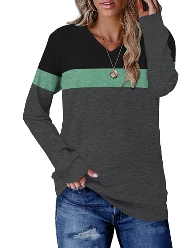 KISSMODA Womens Sweatshirts Long Sleeve V Neck Pullover Casual Loose Trendy Tunic Tops Fall Jumpers Shirts Blackgreen