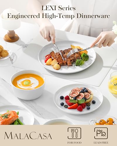 MALACASA 24 Pieces Gourmet Porcelain Dinnerware Sets, Premium Plates and Bowls Set, High-Fired Ceramic Dishes Set for 8, Chip & Scratch Resistant, Microwave Dishwasher Safe, White, Series LEXI - Image 3