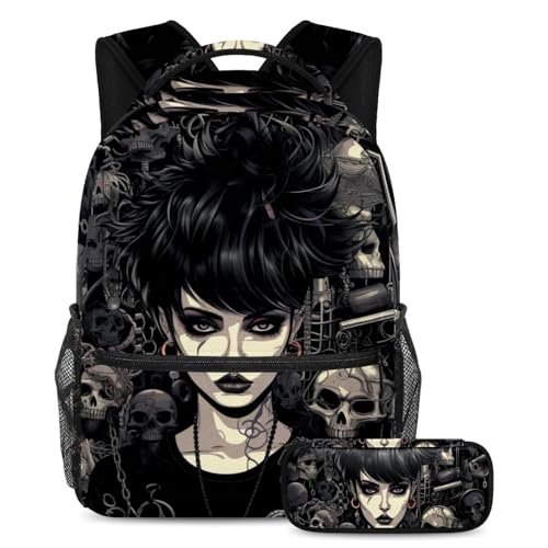 Sac à dos punk noir imprimé crânes ensemble 2 pièces avec trousse pour étudiant