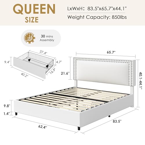 Image of VECELO Queen Size Upholstered Bed Frame with 4 Storage Drawers, Adjustable Velvet Rivet Decor Headboard, Wooden Slats Platform Support, No Box Spring Needed, Easy Assembly,White
