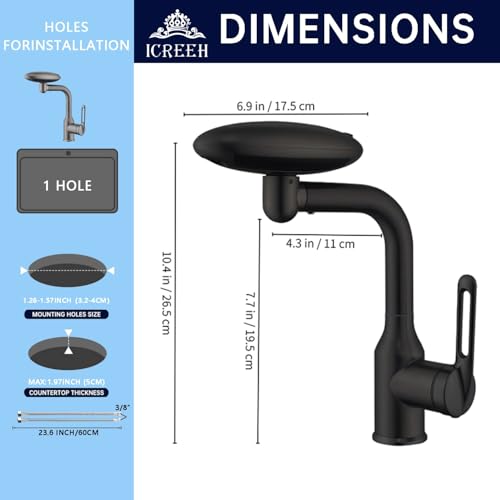 ICREEH Bathroom Sink Faucet 1 Hole, Matte Black Multifunctional Basin Faucet with 4 Water Outlet Modes, Modern 360°Rotatable Bar Tap with Two Water Supply Pipes