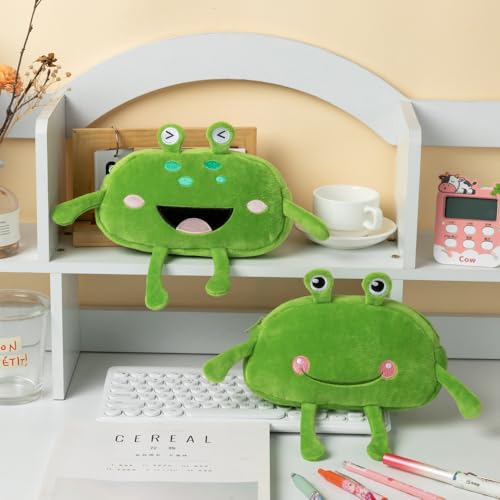 Image of HSYHERE Cute Novelty Funny Big Eyes Big Mouth Happy Smiling Green Frog Soft Stuffed Surface Fluffy Clothes Zipper Pencil Box Pencil Case Pencil Storage Holder Pouch Pen Bag -Laughing