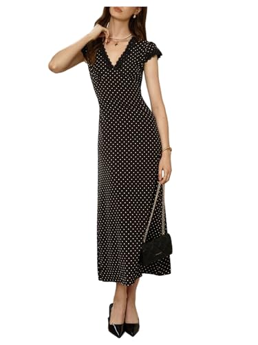 Milumia Women's Polka Dots Cap Sleeve Maxi Dress Elegant Lace Trim V Neck A Line Dresses Black Large