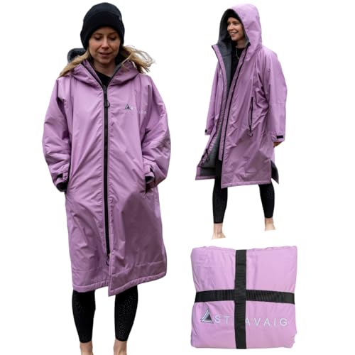 Accappatoio impermeabile per adulti, fodera in pile super morbido, antivento, impermeabile fino a 10.000 mm, cappotto oversize per cambiare nuoto e sport acquatici, con cinghie di compressione, Lilla