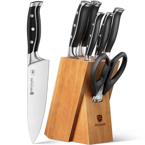BRODARK Knife Set: 7 Piece Sharp Knife Set Without Steak Knives, Knives Set for Kitchen with German Stainless Steel & Ergonomic Handle, Acacia Wood Block with Built-in Sharpener, Ideal Gifts